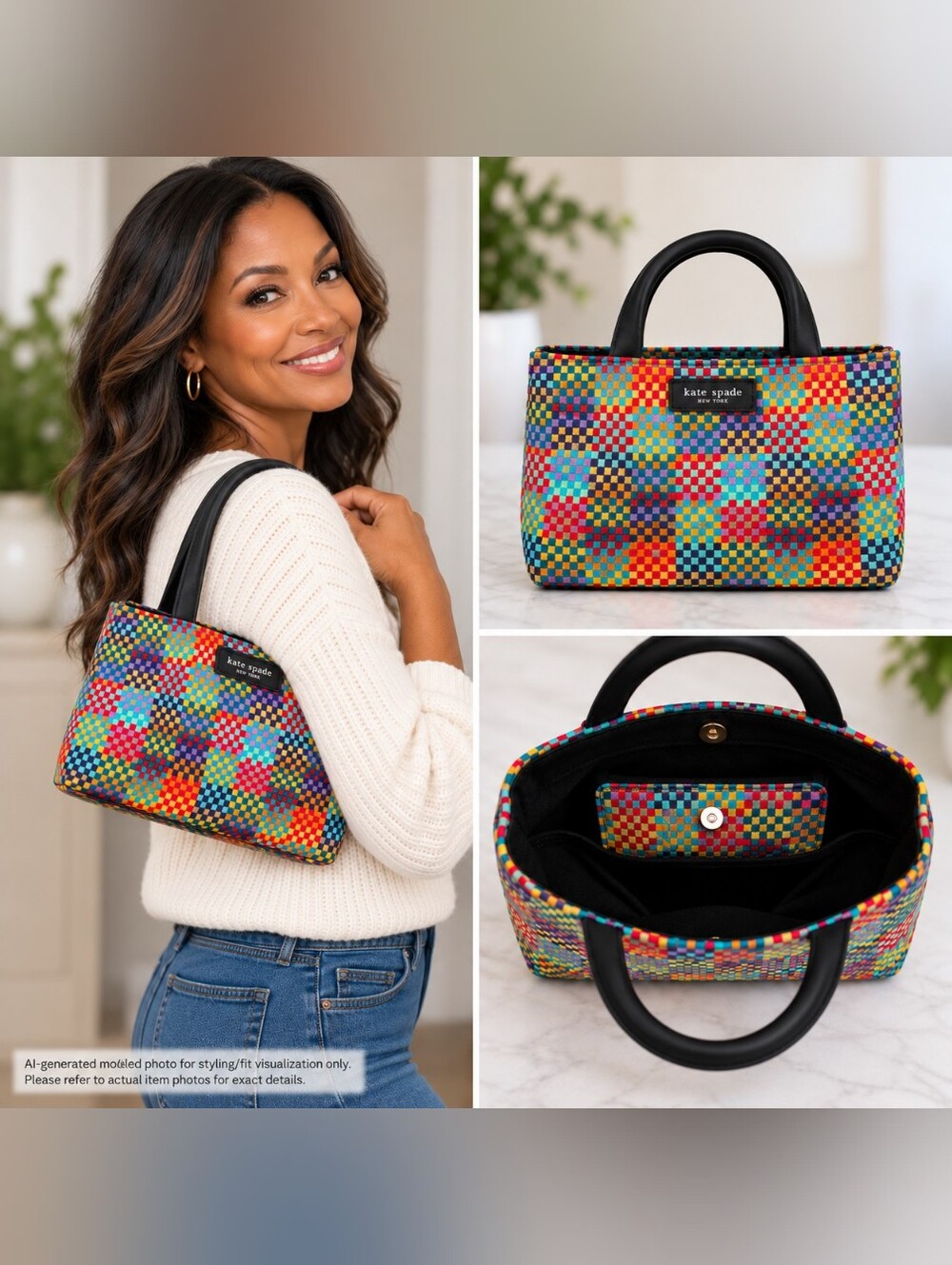 Kate Spade Multicolor Checker Mini Tote Black Handles B9